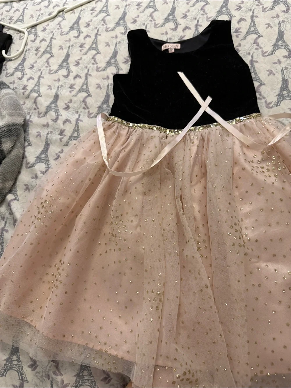 Girls Velvet Bodice Pink Tulle Party Dress with Gold Accents